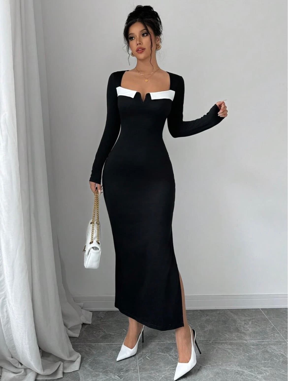 Vestido preto/longo/justo "Mangas longas" 